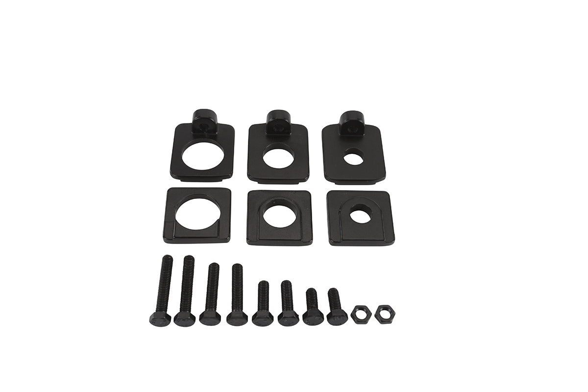 The Citizen Dropout Adapter 10/15/20mm by Haro Bikes, featuring a set of black metal mounting brackets, screws, bolts, and nuts, is neatly displayed on a white background.