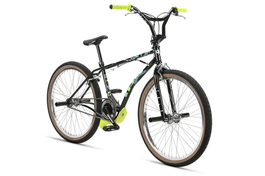 The Haro Bikes Lineage Sport Bashguard 26 2023 is a black BMX bike with neon green handlebars and pedal, a geometric chromoly frame, large wheels with beige rims, and a gear system. Its angled to highlight its sleek, sporty look, including a protective bash guard.