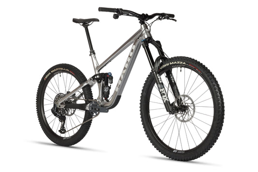 A Greer Alloy LTD 1 full-suspension MTB with Fox suspension, thick tires, and disc brakes, seen from the front left.