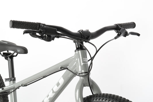 Close-up of Flightline 24 Plus Disc gray handlebars, brake levers, and front frame against a plain white background.