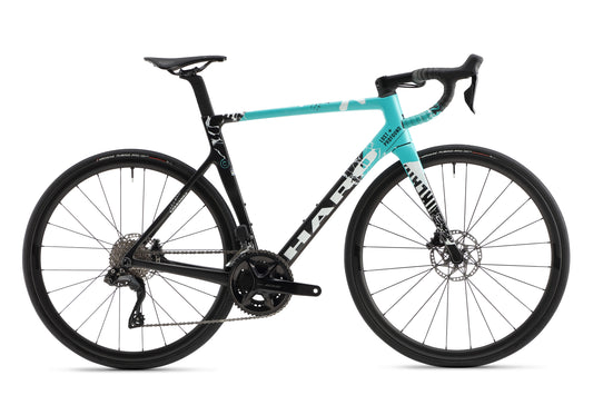 The Rivette Carbon 2 is a teal and black road bike with drop handlebars, disc brakes, and internal cable routing on a white background.