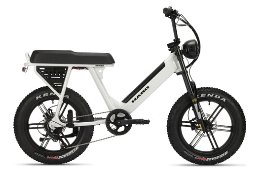 The Skwad 1 by Haro Bikes is a sleek white E-bike with black accents, featuring a powerful 750W motor, thick KENDA tires, and an elegant frame. It offers multiple pedal assist levels and a circular front headlight for smooth city rides, complemented by simple seat and handlebars.