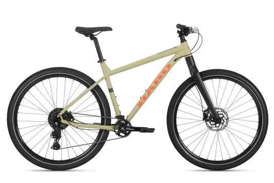 A beige and black Beasley One 29 mountain bike with mechanical disc brakes, wide tires, and brand name on frame is shown on a white background.