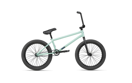 A light blue Burgess BMX bike with black handlebars, seat, pedals, and tires, shown from the side on a white background.