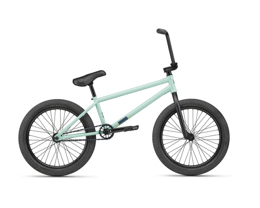 A light blue Burgess BMX bike with black handlebars, seat, pedals, and tires, shown from the side on a white background.