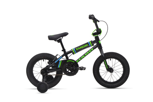 Shredder 14 kids' bike, black/green, lightweight alloy frame with training wheels, side view on white background.