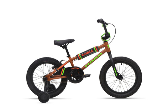 The Shredder 16 is a kids' orange bike with training wheels, alloy frame, black seat, and green accents.