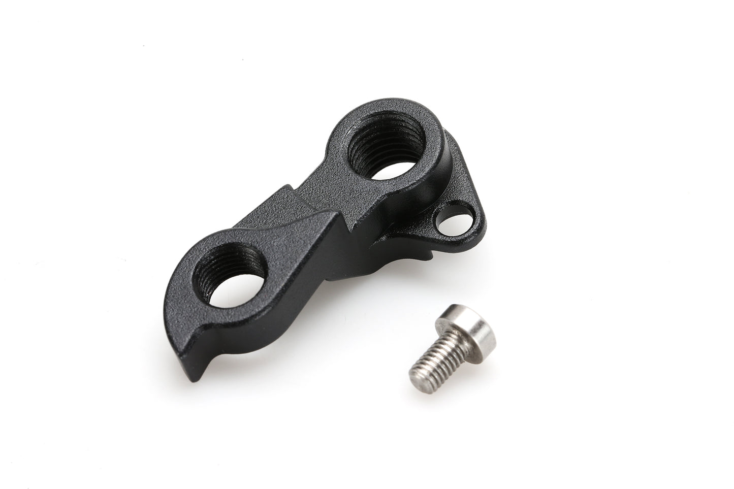 A black metal derailleur hanger with two circular holes is paired elegantly with a small silver Incanto screw from Masi Bikes Hanger Masi Incanto & Titanio 2022, set against a white background.