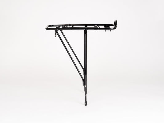 The Atran Velo City AM Rear Carrier is a sleek black bicycle rack with a minimal design, shown on a white background. Its lightweight and has adjustable supports, compatible with AVS carrier systems, and ready for modular accessories.
