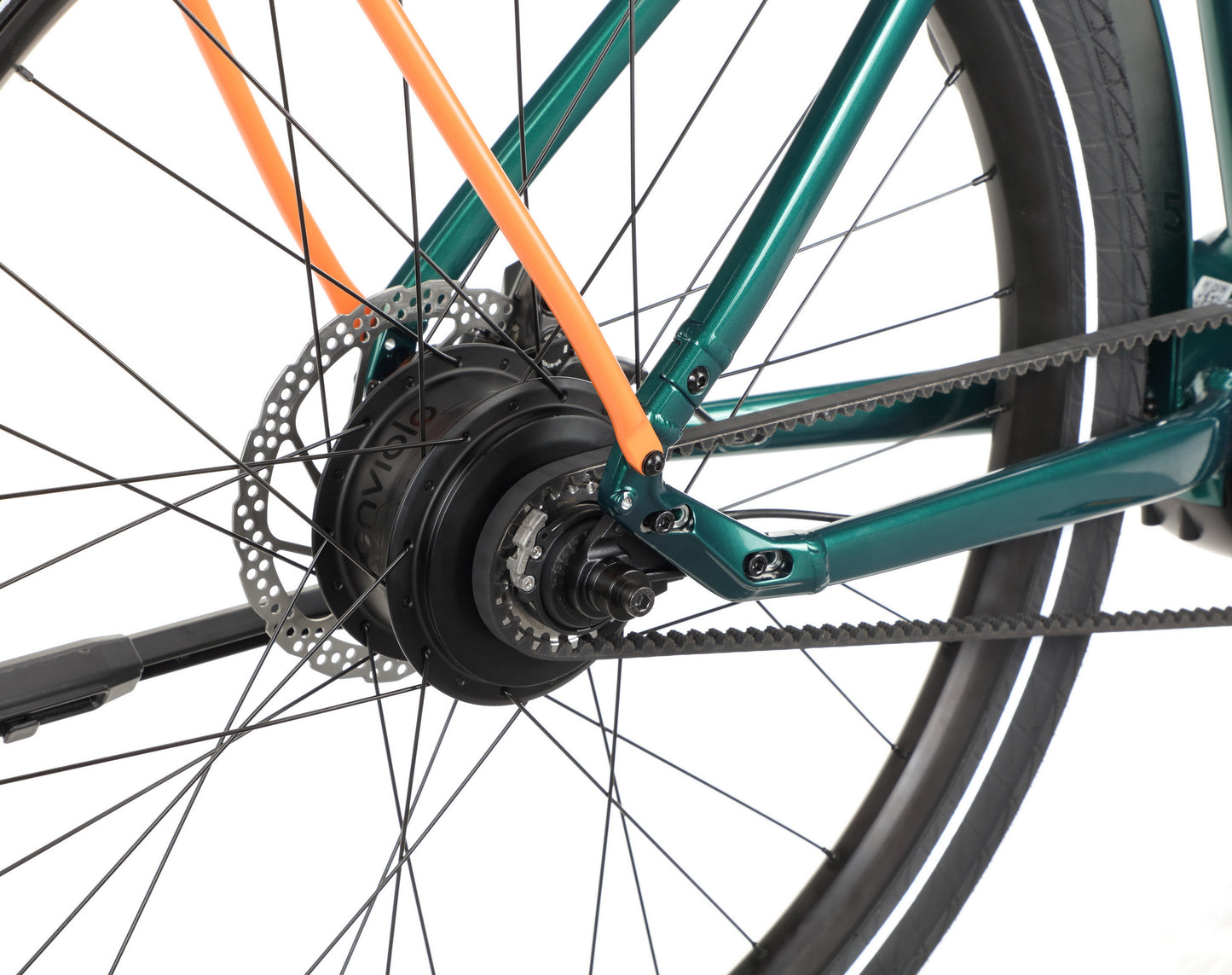 Close-up of the Escondido 1’s rear wheel with disc brake, spokes, and part of its green low step-through frame.