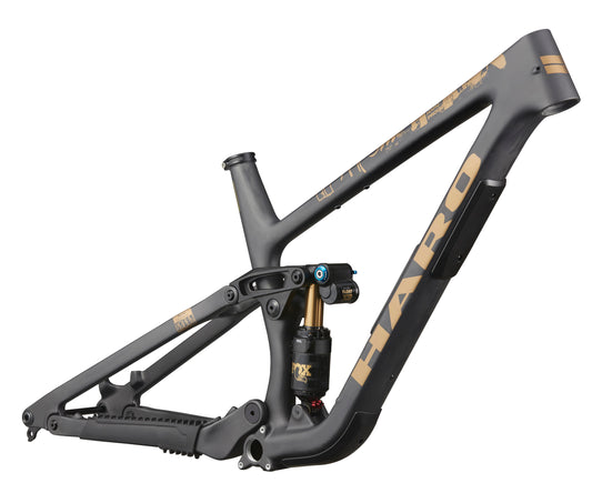 Matte black and gold Greer Carbon Frameset with shock absorber and HARO logo on the down tube.