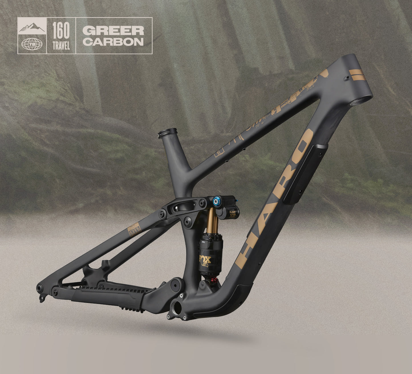 Greer Carbon Frameset in matte black/gold with 160mm travel & FOX FLOAT X2 Factory, shown on a forest-inspired background.