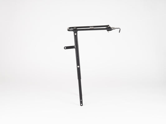 The Atran Velo Hybrid AM Front Carrier is a sleek black, lightweight aluminum wall-mounted bicycle rack against a white background. Its minimalist design includes modular accessories, two mounting points, and a curved hook to securely hold the bicycle.