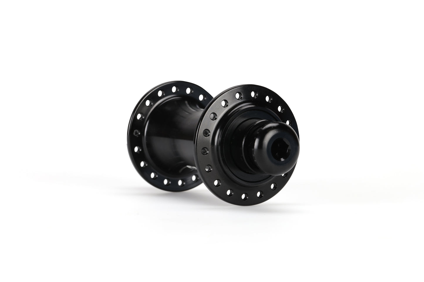 Two black Haro Bikes Cliq Finisher Front Hubs, set against a plain white background, feature a CNC-machined finish. The hubs are positioned at an angle to showcase their cylindrical shape and precision sealed bearings for optimal performance.