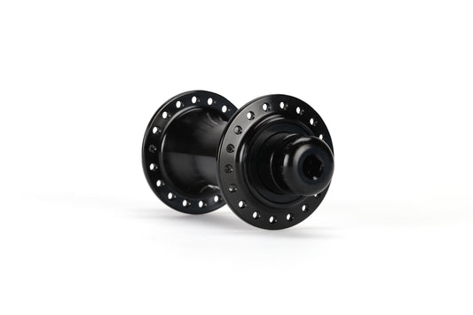 Two black Haro Bikes Cliq Finisher Front Hubs, set against a plain white background, feature a CNC-machined finish. The hubs are positioned at an angle to showcase their cylindrical shape and precision sealed bearings for optimal performance.