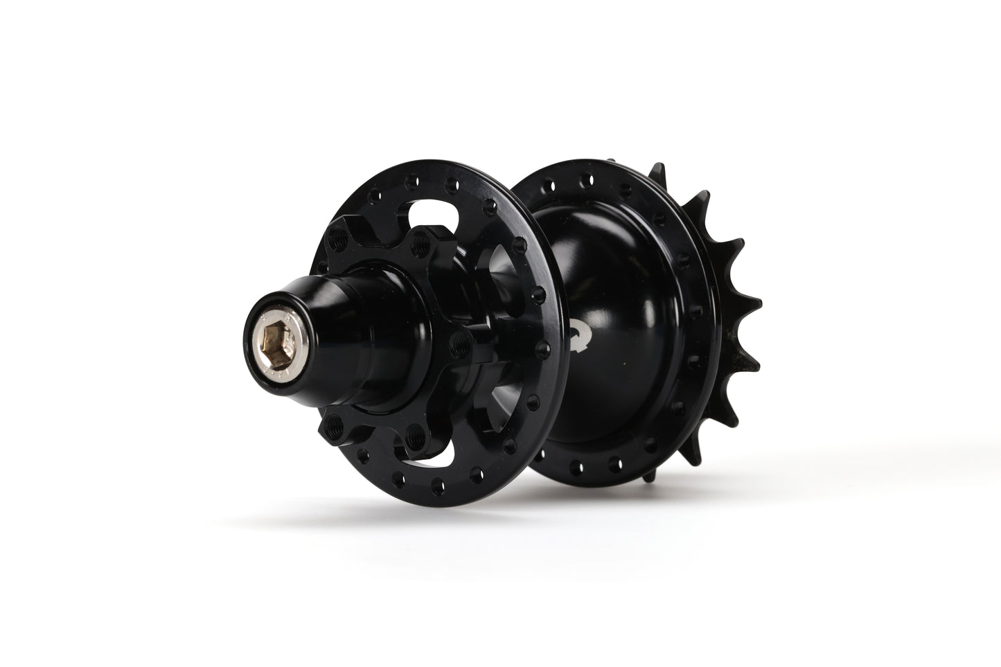 Close-up of the Haro Bikes Cliq Finisher Rear Disc Hub, showcasing its black cassette with a shiny metal finish, intricately CNC-machined parts, and a sprocket on one side against a white background.