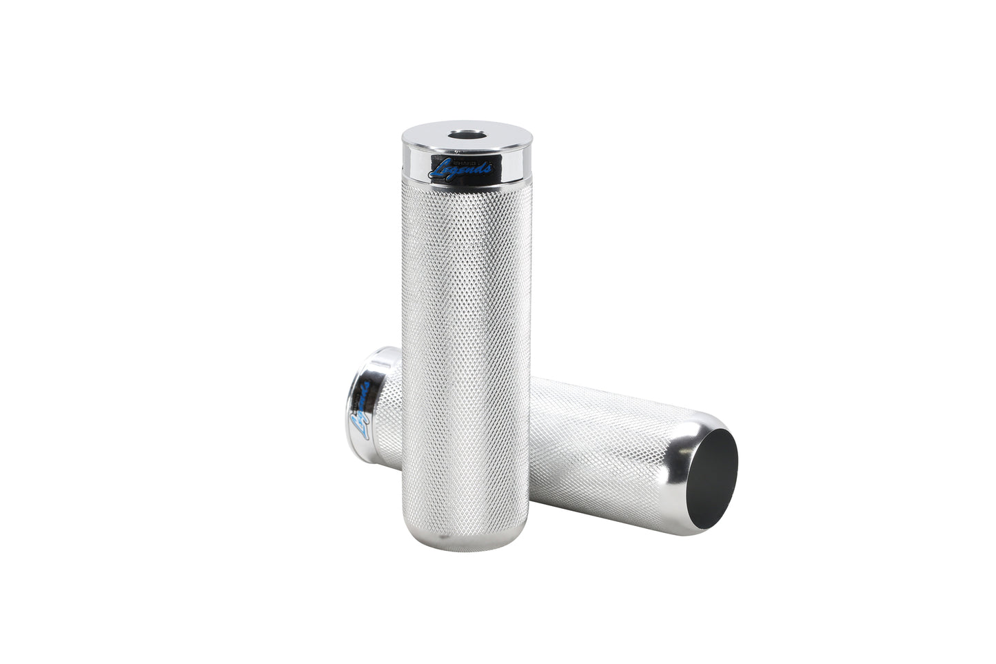 Two silver cylindrical handlebar grips from Haro Bikes, crafted in lightweight aluminum with deep knurling and chrome ends. One upright and one horizontal show the blue emblem on each chrome cap, highlighting the Legends Pegs against a plain white background.