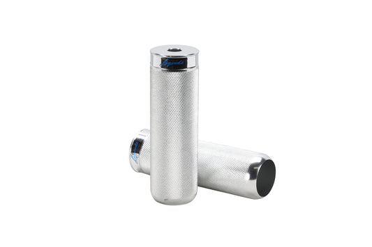 Two silver cylindrical handlebar grips from Haro Bikes, crafted in lightweight aluminum with deep knurling and chrome ends. One upright and one horizontal show the blue emblem on each chrome cap, highlighting the Legends Pegs against a plain white background.