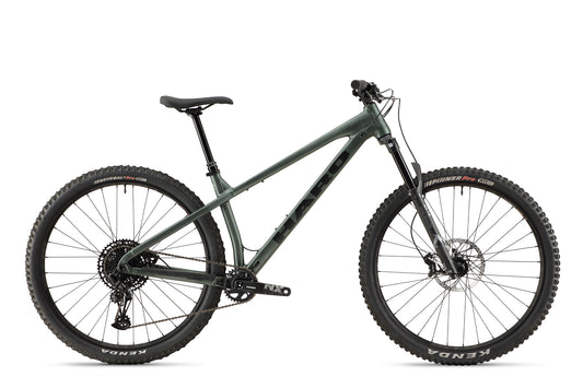 The Saguaro 2, a matte green bike with front suspension, disc brakes, and knobby tires, is shown in side view on white.