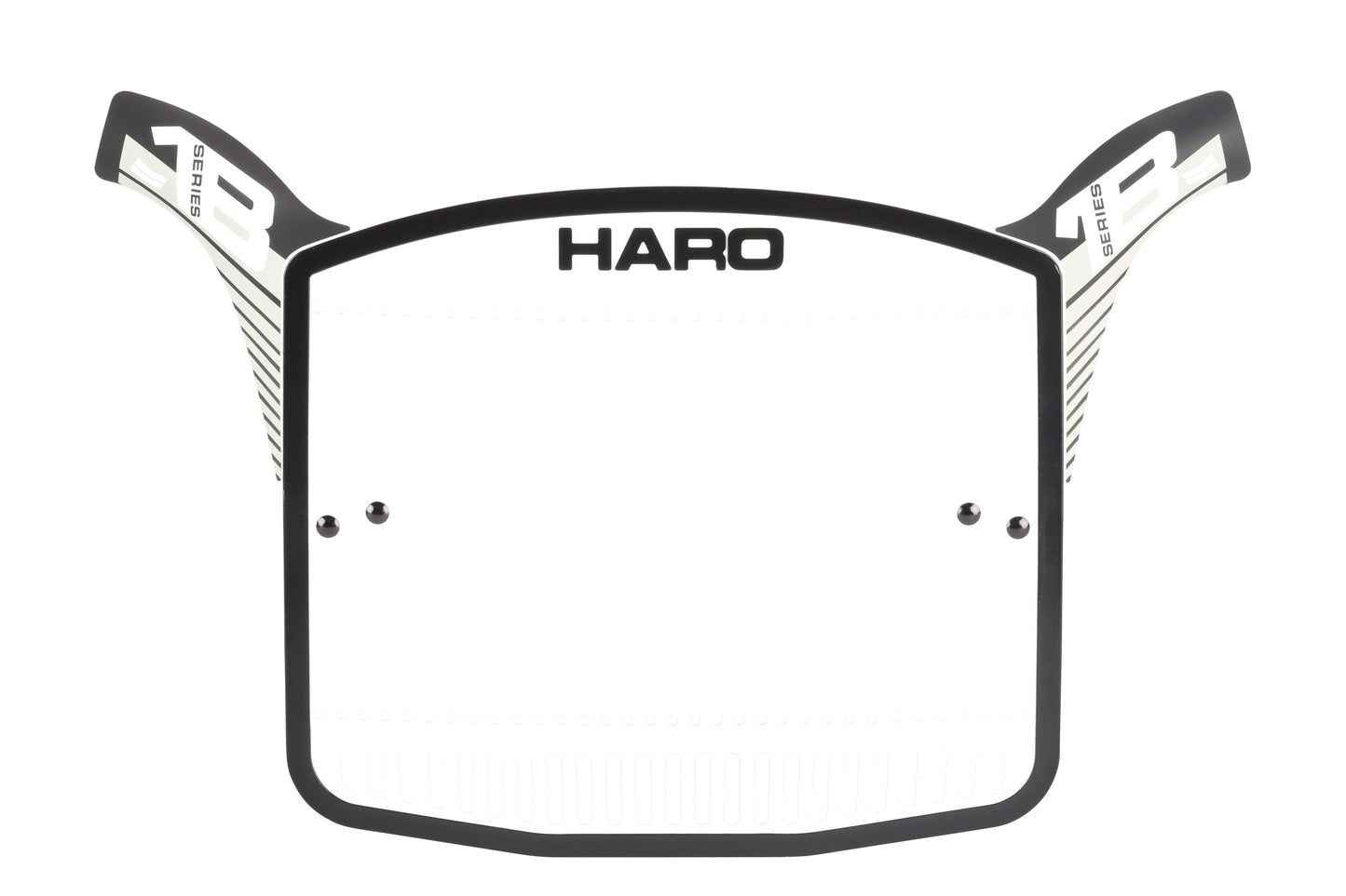 A white Series 1B BMX number plate by Haro Bikes, with a black outline and side brackets for bike attachment, combines the classic 80s style with modern functionality.