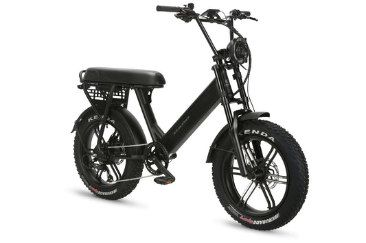 The Skwad by Haro Bikes is a sleek black e-bike with a retro design, oversized Kenda tires, and a sturdy frame. It features front suspension and a rear rack, making it perfect for versatile terrains and urban commuting.