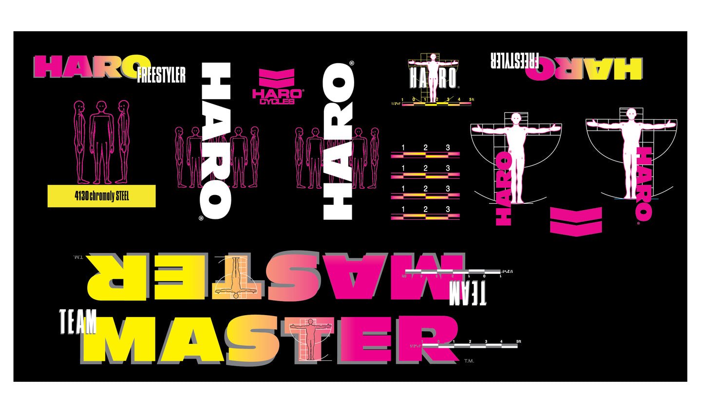 A vibrant retro graphic design from Haro Bikes 2020 Decals Lineage Master features HARO and TEAM MASTER text in various fonts/orientations on a black background with neon pink, yellow, and white accents, abstract bicycle/human figures, and measurements.