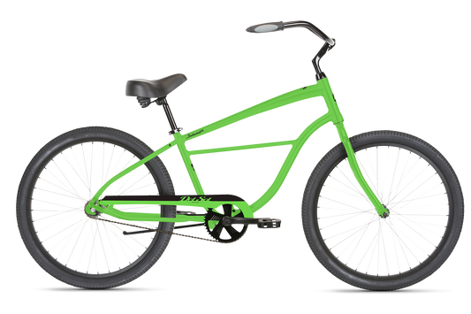 The Del Sol Tradewind HD is a bright green cruiser bike featuring black handlebars, seat, and pedals. It has large black tires with white spokes and a rust-resistant chain guard for durability, making it perfect for casual rides with its simple, classic design.