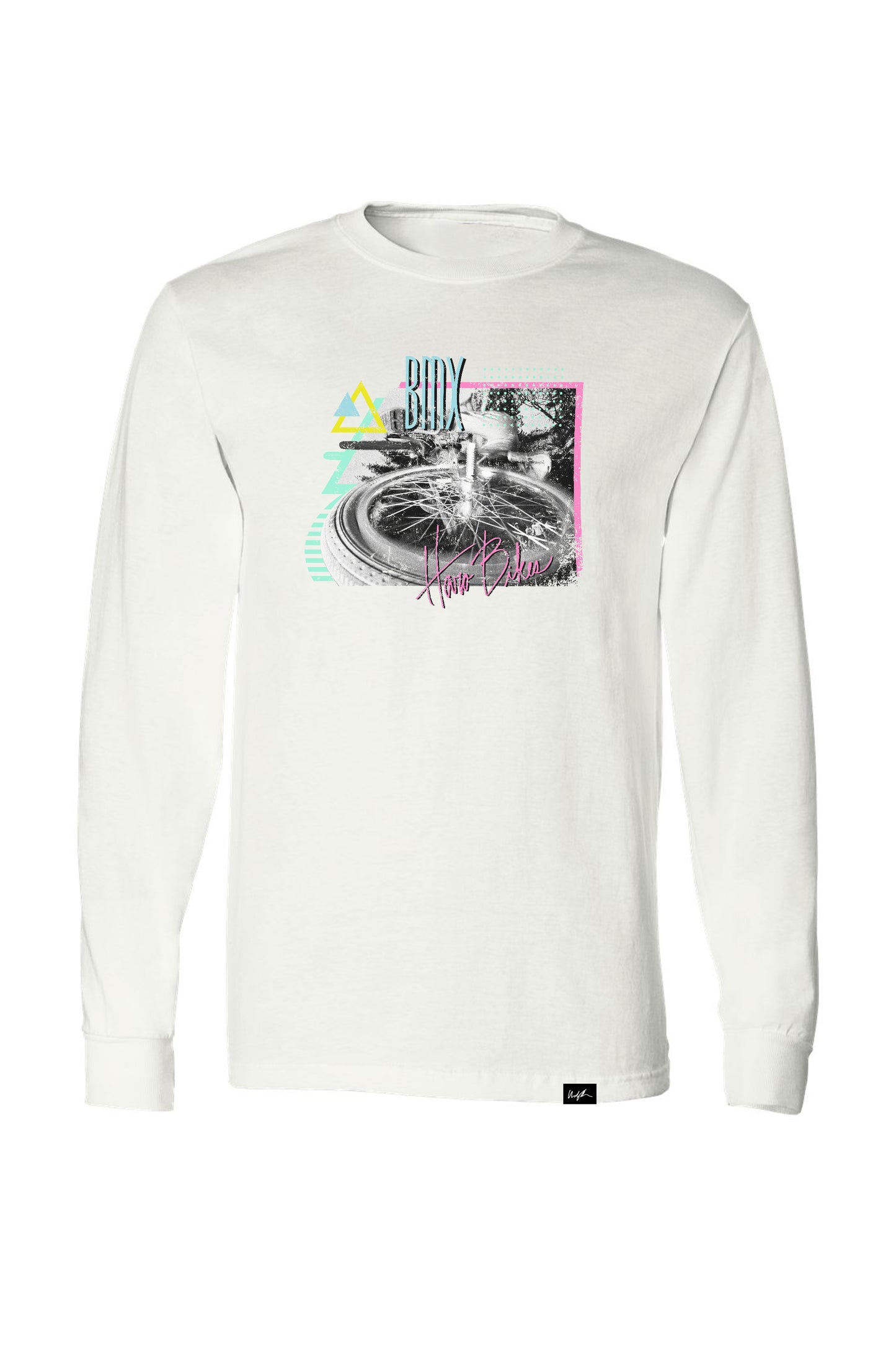 The Haro Bikes Windy Osborn Backside Long Sleeve Shirt is a white crew-neck tee made from fine jersey. It features a retro-style graphic of a fountain with geometric shapes and Bury the Beloved text, accented in pink, teal, and yellow.