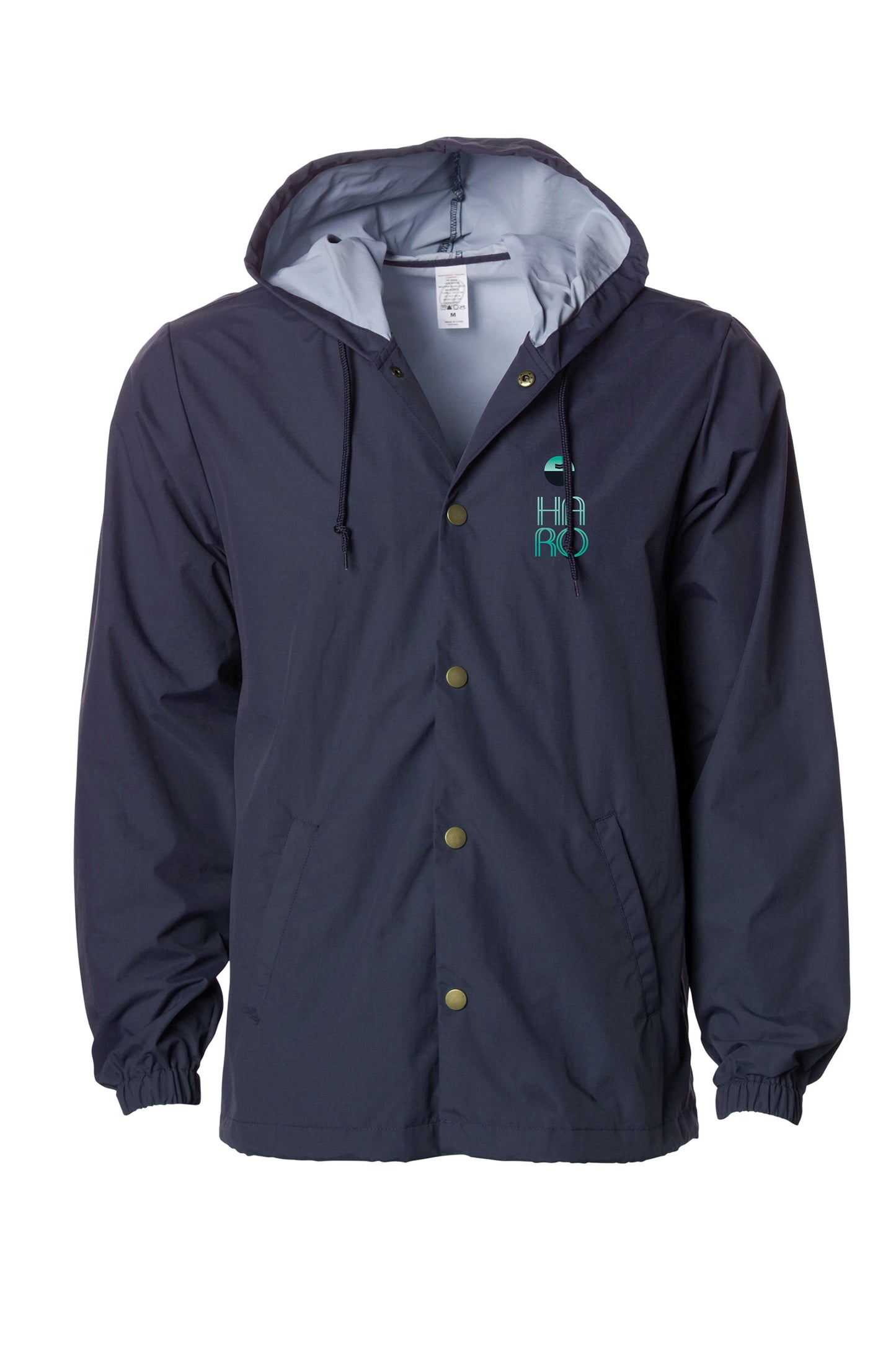 The Haro Bikes Boulevard Breaker is a navy hooded jacket featuring snap button closures, two pockets, a small green graphic on the left chest, elastic cuffs on the sleeves, and a light gray interior.