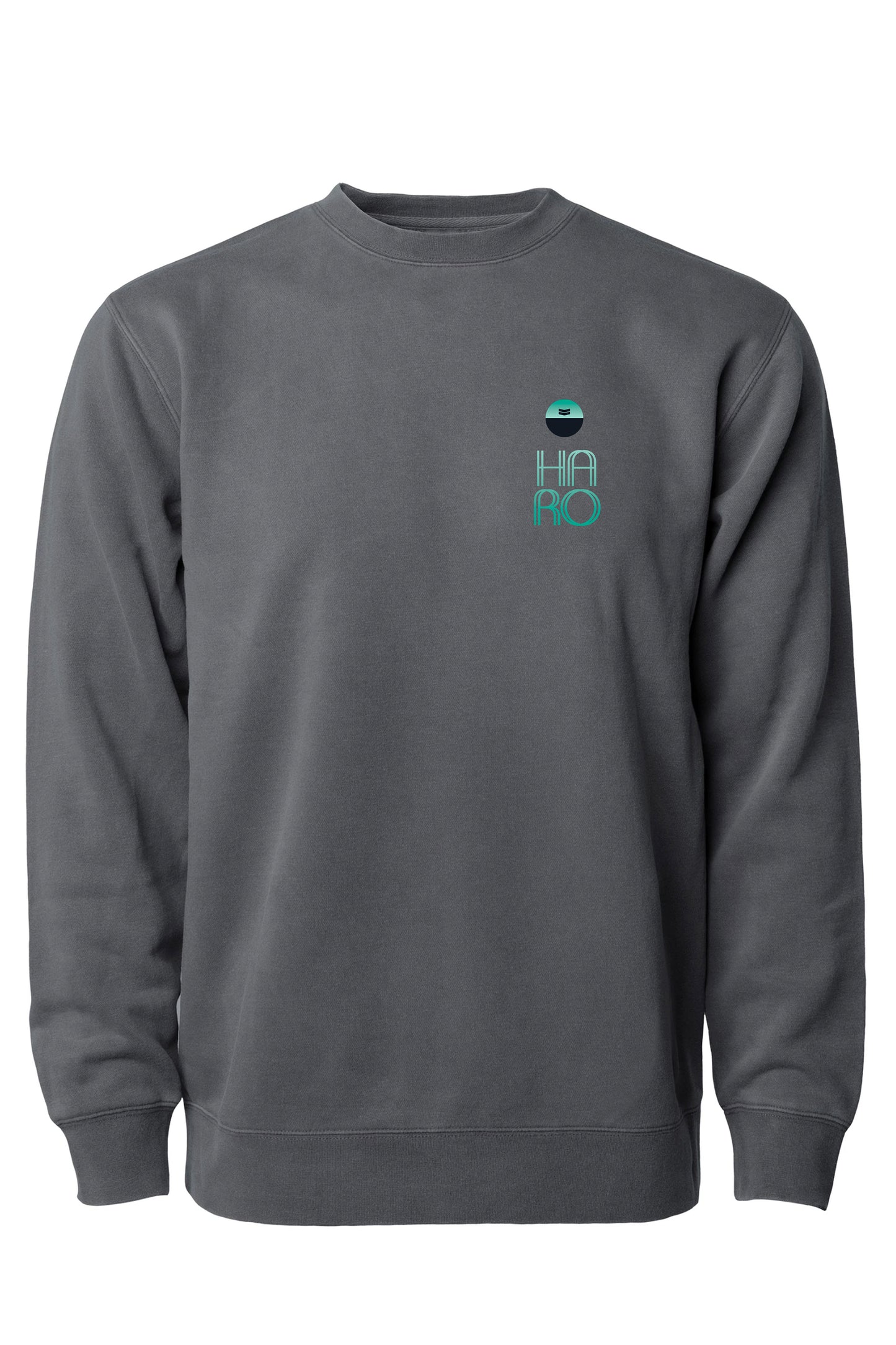The Haro Boulevard Sweatshirt by Haro Bikes is a gray crew neck with long sleeves, featuring a small turquoise HARO graphic on the left chest.