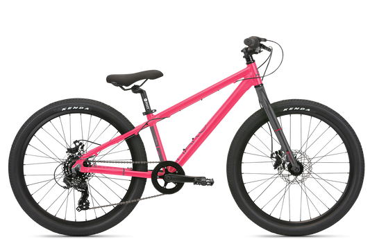 The Haro MTB Beasley 24 kids model bicycle is bright pink with black handlebars, seat, and tires. It includes disc brakes and a Shimano Revo Shifter. Crafted from 6000 series alloy, its displayed in a side view against a plain background.