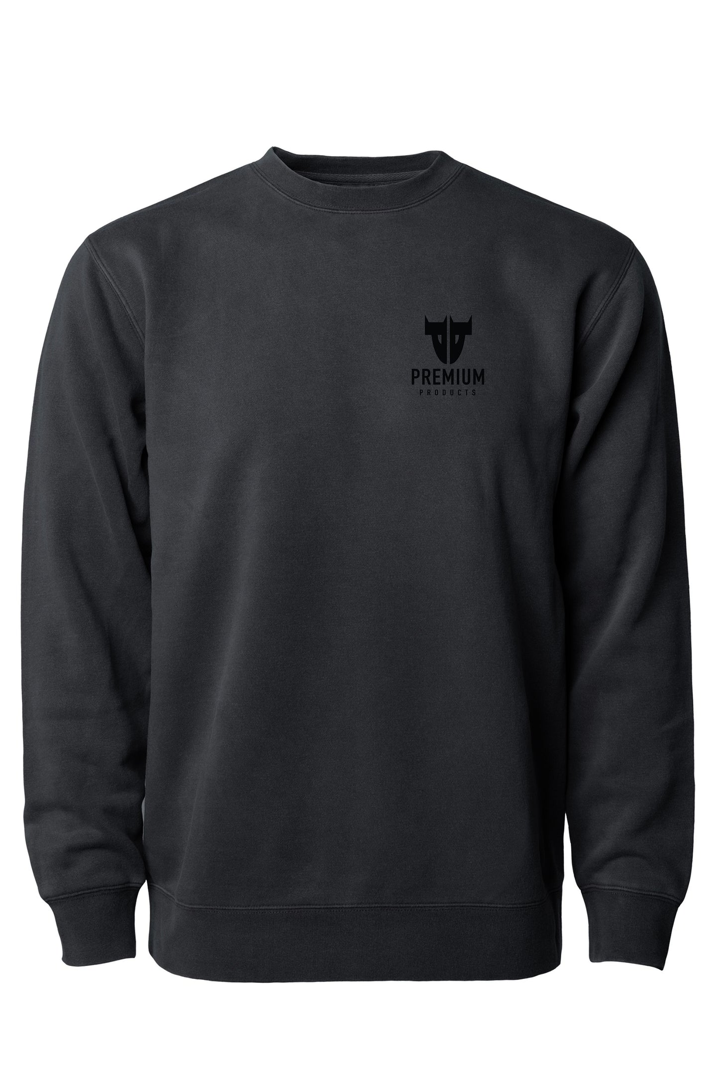 The Premium Trademark Sweatshirt, by Premium, is a black long-sleeved top with ribbed cuffs. It has a simple and minimalist design, featuring a small logo and stylized graphic on the left chest.