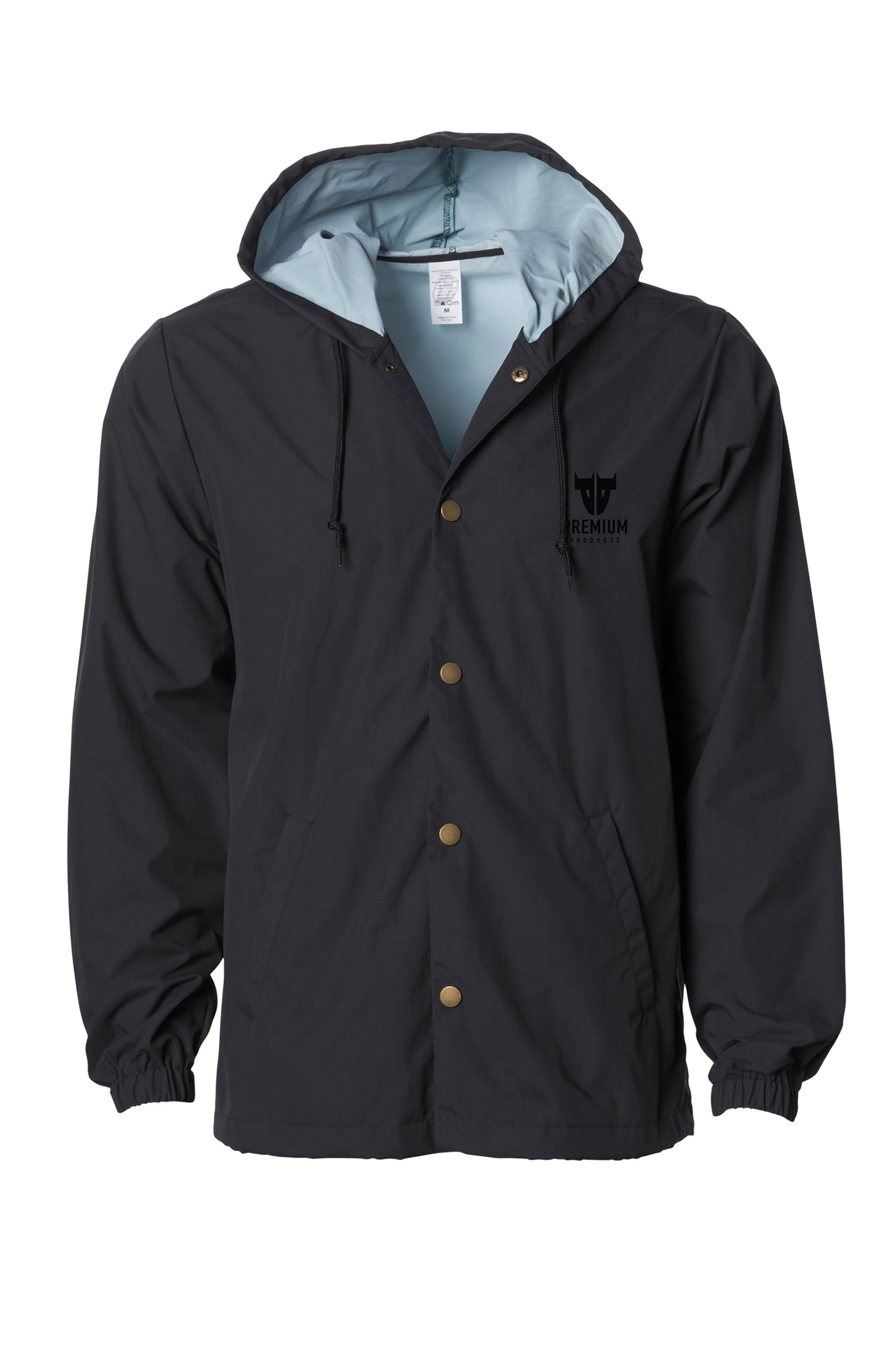 The Premium Trademark Breaker by Premium is a black hooded jacket with light blue lining, adjustable drawstrings, a button-up front, elastic cuffs, and a small emblem on the left chest in a simple, stylish design.