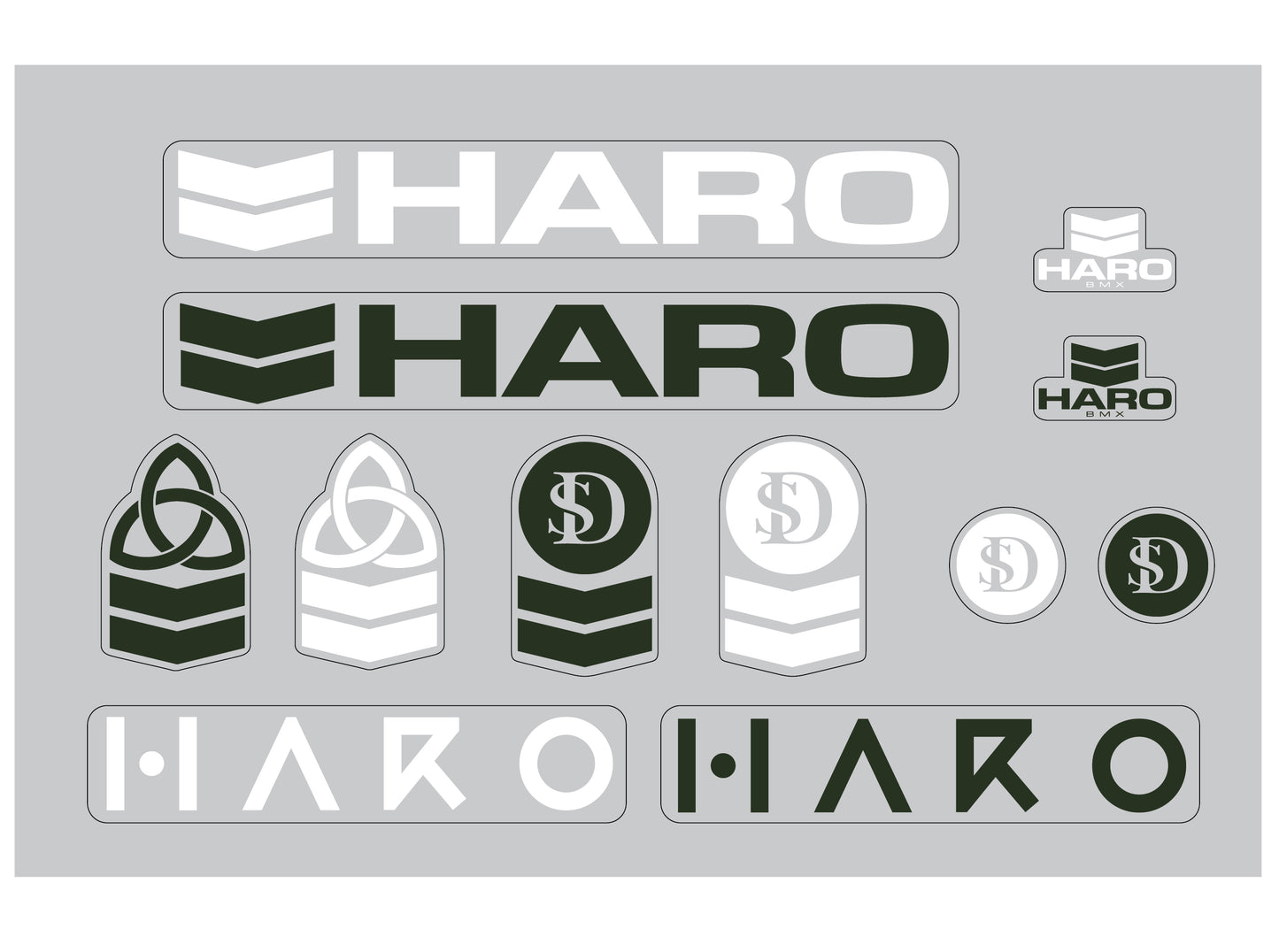 The SD V3 Decal Pack by Haro Bikes features a variety of Haro logos with sharp, geometric designs in white and dark green, all set against a gray background.