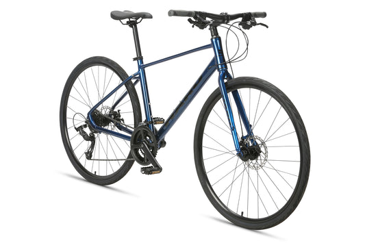 The Haro MTB Aeras MicroShift is a sleek, modern road bike with a metallic blue, lightweight aluminum frame. It features Microshift gearing, 700C wheels, a black seat and handlebars, thin tires, and disc brakes—all displayed angled slightly to the right on a plain white background.