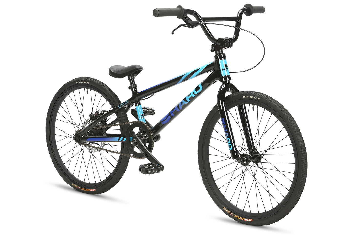 This black Haro Bikes BMX Expert model has blue accents, a sturdy frame, padded seat, and thick tires. It features upward-angled handlebars, single gear, and hand brakes. Set against a white background, its perfect for those seeking the performance of the Haro Race Lite Expert.