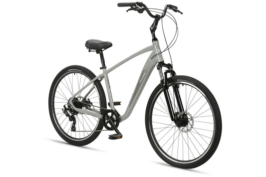 The Flow 2 by Haro Bikes is a silver hybrid bike featuring a sleek frame, front suspension, black handlebars, disc brakes, easy gears, and a padded black seat. It rolls on black tires with rims and is showcased on a white background.