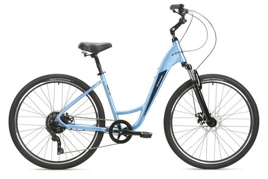 The Haro Bikes Flow 2 Step Thru is a blue hybrid bike featuring a comfy black saddle, wide handlebars, front suspension fork, thick tires, disc brakes, and an exposed gear set for easy and relaxed riding.
