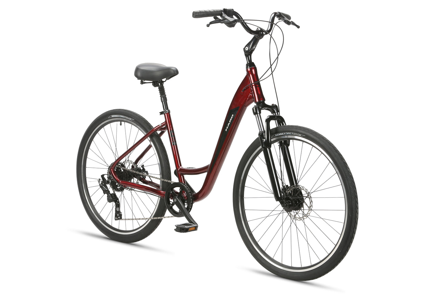 The Flow 2 Step Thru by Haro Bikes is a red hybrid bike with a step-through frame, cushioned black seat, and black handlebars. It features front suspension forks, disc brakes, and medium-sized tires for comfortable rides and leisure adventures.