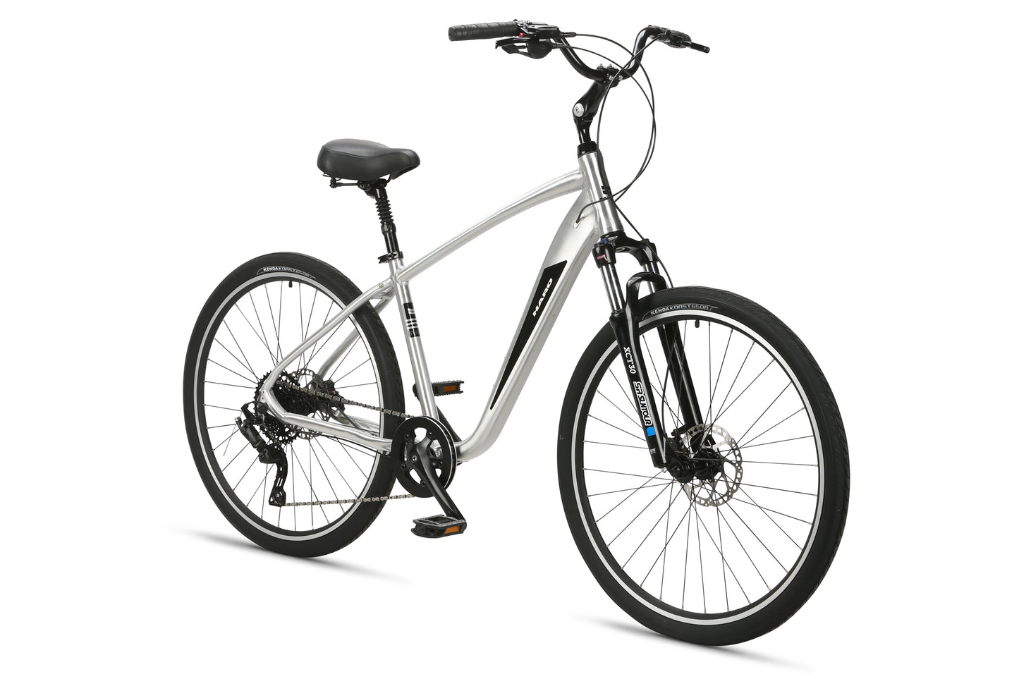 The Flow 3 by Haro Bikes features a sleek silver frame, wide handlebars, and a black seat for optimal comfort. With front suspension, disc brakes, a rear derailleur, and modern black tires, it ensures an easy and stylish ride.