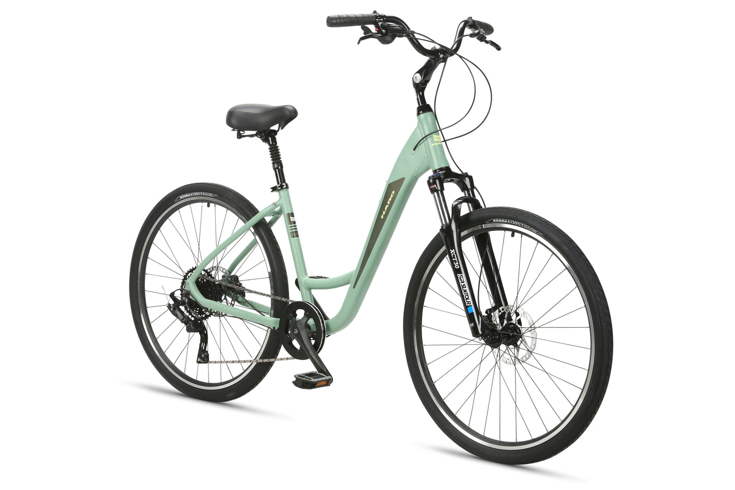 The mint green Haro Bikes Flow 3 Step Thru features a comfortable step-through frame and cushioned seat. It comes with easy gears, front suspension fork, disc brakes, black tires, kickstand, and stylish black handlebars for a smooth ride.