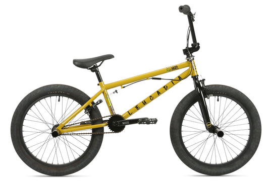Leucadia DLX freestyle BMX in yellow and black with thick tires, chromoly cranks, black seat, shown on a white background.
