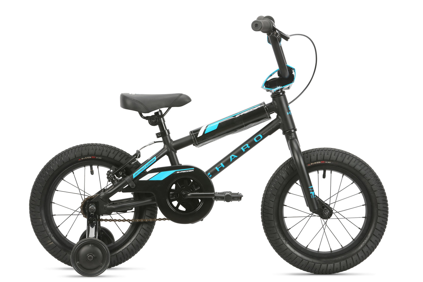The Haro Bikes Shredder 14 is a childs black bicycle with blue accents, featuring a low-profile alloy frame, training wheels, cushioned seat, hand grips, and front/rear brakes for dependable stopping.