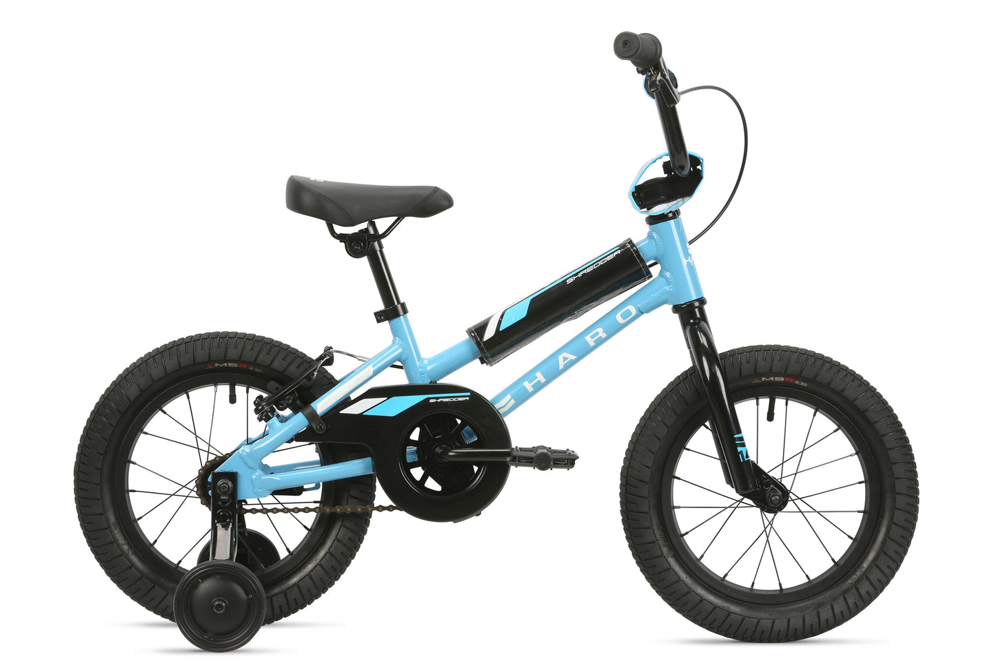 The Haro Bikes Shredder 14 Girls bicycle features a sleek blue frame, training wheels, black accents, a padded seat, black handlebars, and robust tires for a smooth ride.