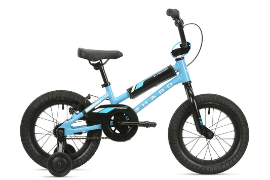 The Haro Bikes Shredder 14 Girls bicycle features a sleek blue frame, training wheels, black accents, a padded seat, black handlebars, and robust tires for a smooth ride.