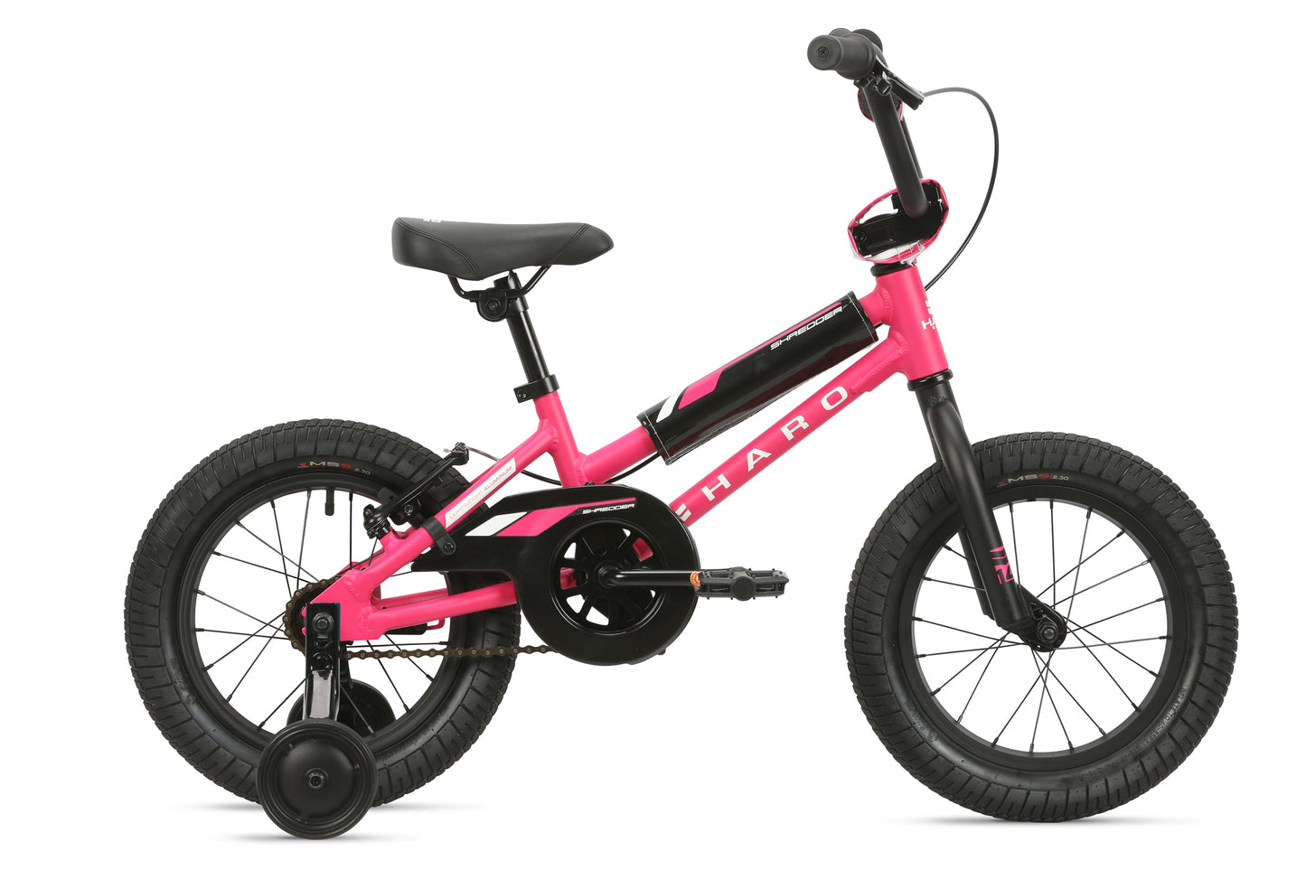 The Shredder 14 Girls bike by Haro Bikes features a pink frame, training wheels, stability-focused geometry, and thick tires ideal for beginners. It is completed with black handles and pedals for a stylish look.