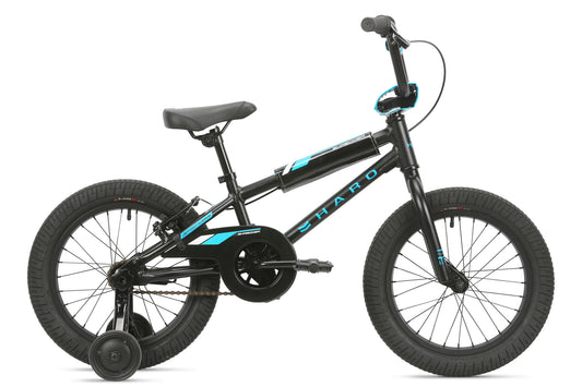 The Haro Bikes Shredder 16 is a robust black childrens bike with a lightweight frame, stylish blue accents, and thick tires. It comes with training wheels, reliable handlebar grips, and a protective chain guard, perfect for beginners.