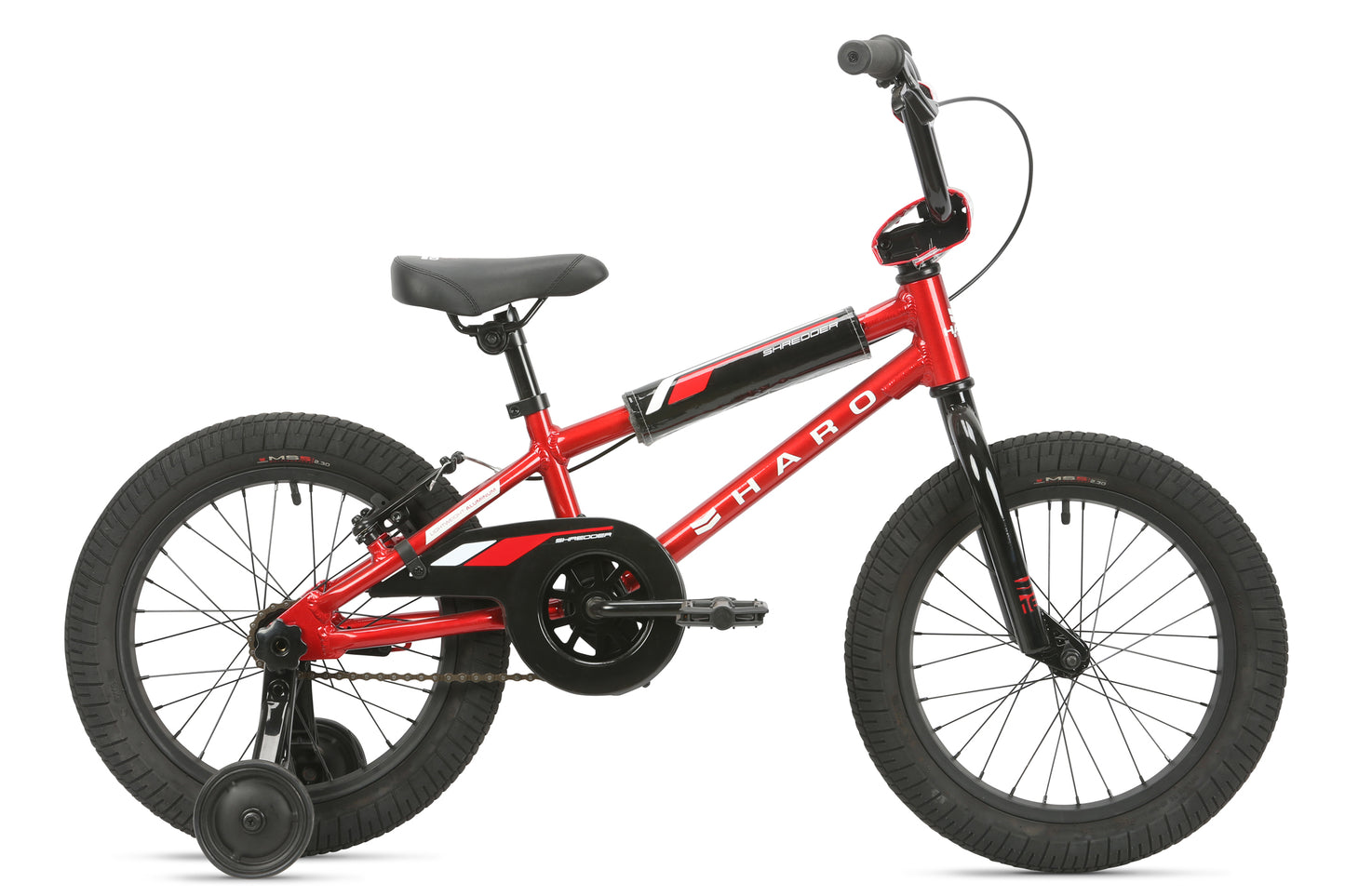 A red Haro Bikes Shredder 16 kids bicycle with training wheels, durable black seat, black handlebars, thick black tires, and a side chain guard.