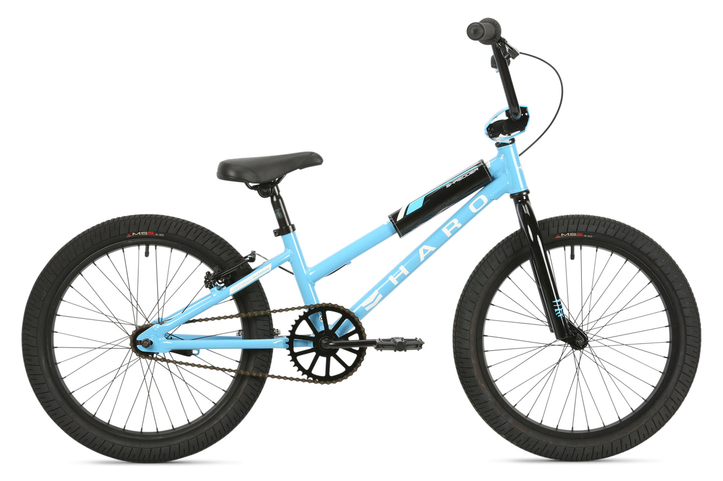 The Shredder 20 Girls BMX bike from Haro Bikes features a sleek blue design, black seat and handlebars, sturdy frame, and single gear. Its lower top tube ensures ease of riding, while thick tires promise durability with Haro proudly displayed on the frame.