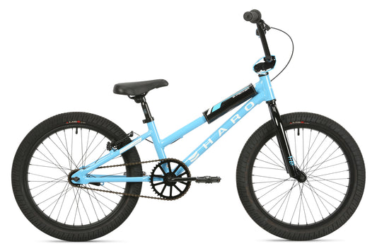 The Shredder 20 Girls BMX bike from Haro Bikes features a sleek blue design, black seat and handlebars, sturdy frame, and single gear. Its lower top tube ensures ease of riding, while thick tires promise durability with Haro proudly displayed on the frame.